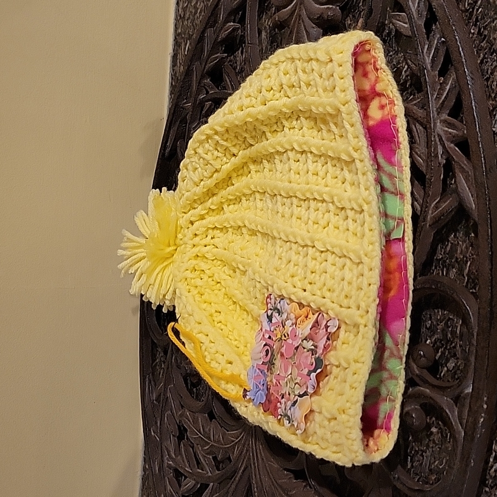 Handmade pom-pom hat beanie with fleece lining at ears crochet